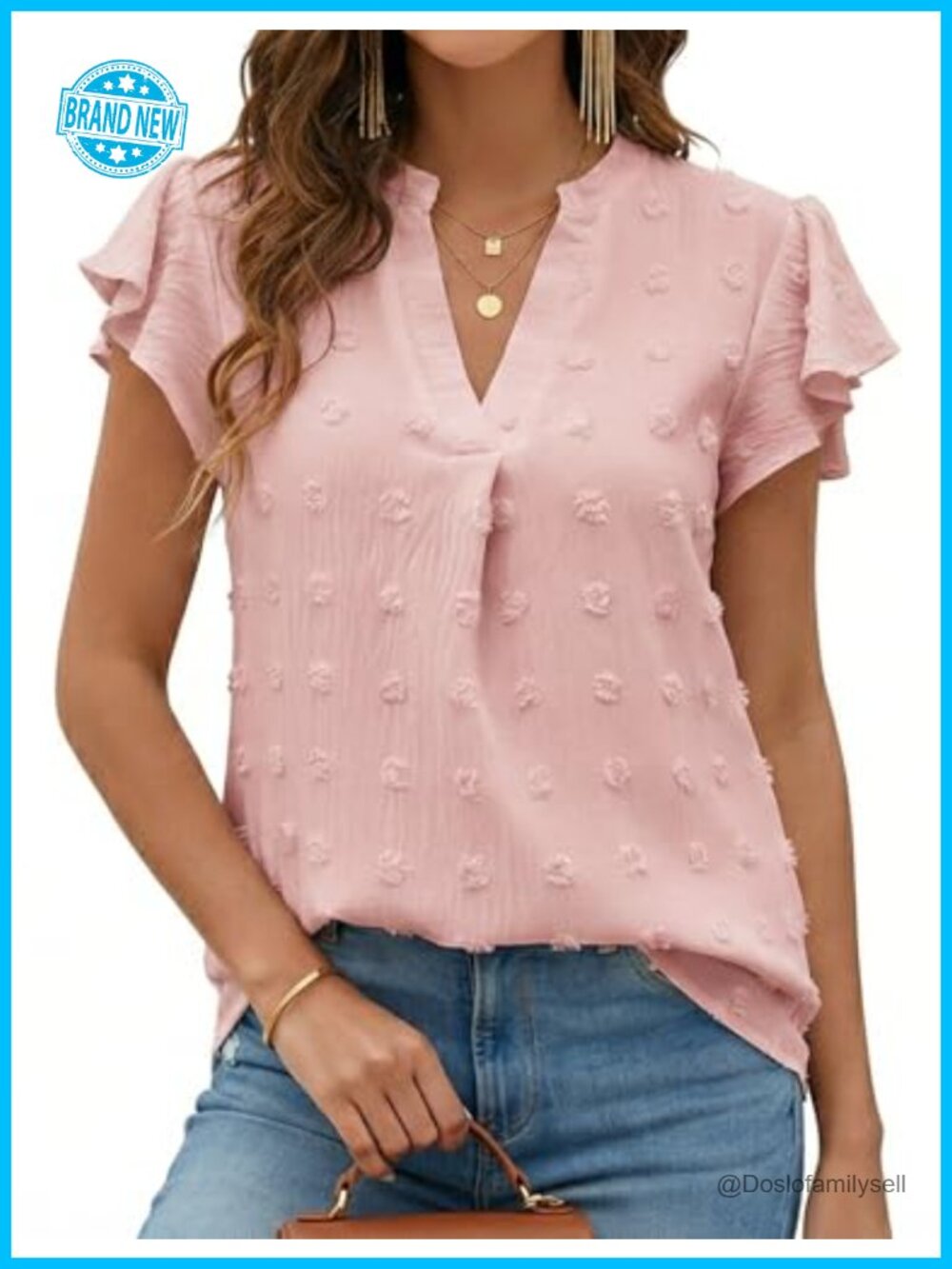 Womens Chiffon V-Neck Ruffle Sleeve Pleated Tunic Blouse for Work